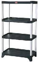 Plastic Shelving Unit with Aluminum Poles. 4 Shelves. By Rubbermaid